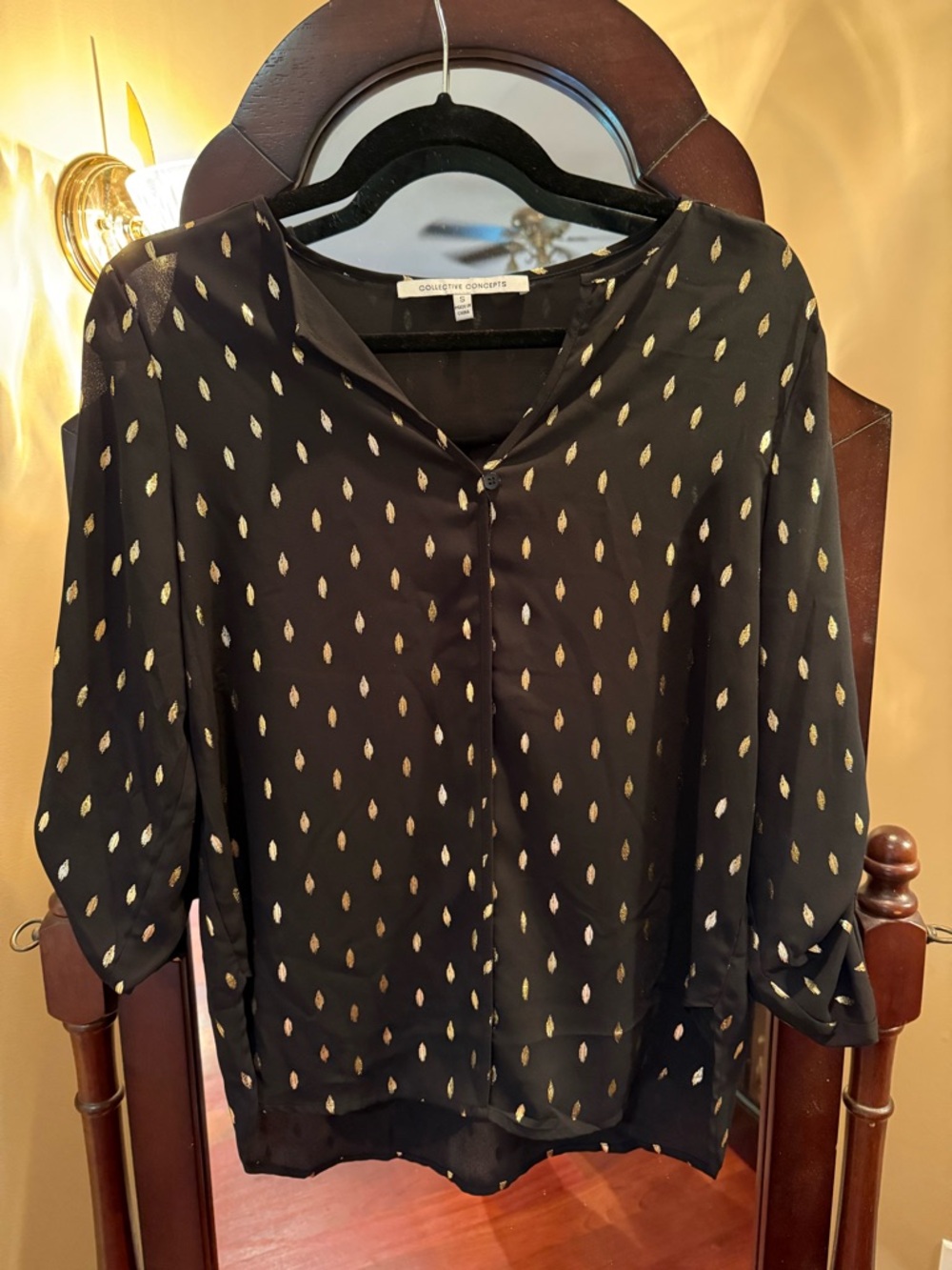 Collective Concepts Black Blouse with Metallic Gold Teardrop Print